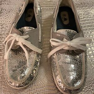 Silver Glitter Canvas Loafers Boat Shoes 8 M